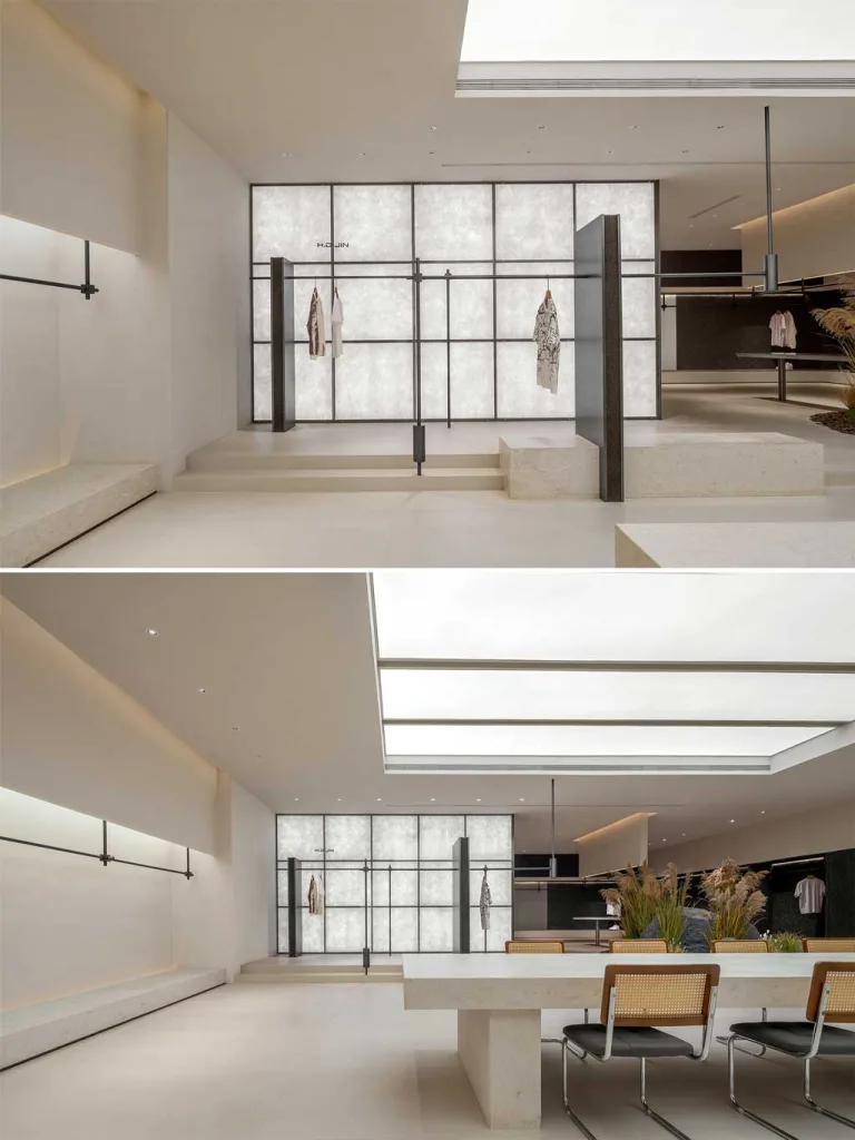 Installazione geometrica sospesa nello showroom moda a Foshan – interior design LubanEra Design.