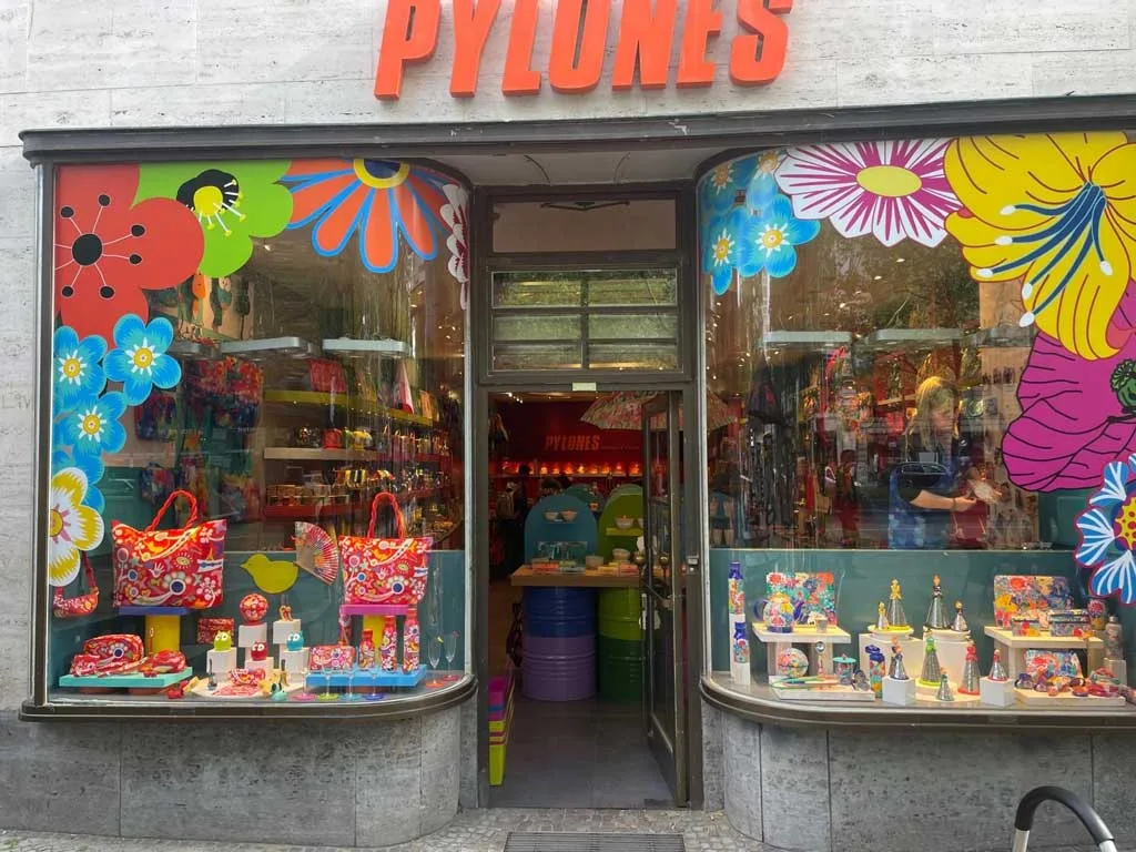 Pylones store window in Berlin with colorful display of pop accessories and quirky design objects