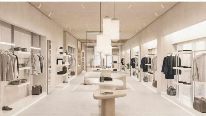 Interni flagship store Eleventy a Toronto con arredi in rovere e design minimal