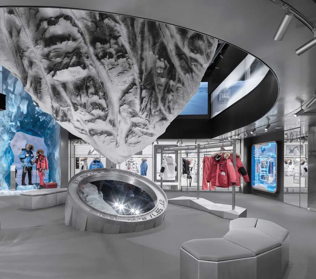 Sculptural installation inspired by Everest inside the Bosideng store