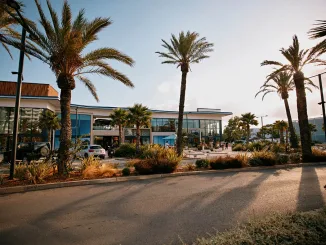 Facciata principale di IBIZA Gallery a Playa d’en Bossa – nuovo polo lifestyle tra design contemporaneo, palme mediterranee e architettura vetrata.