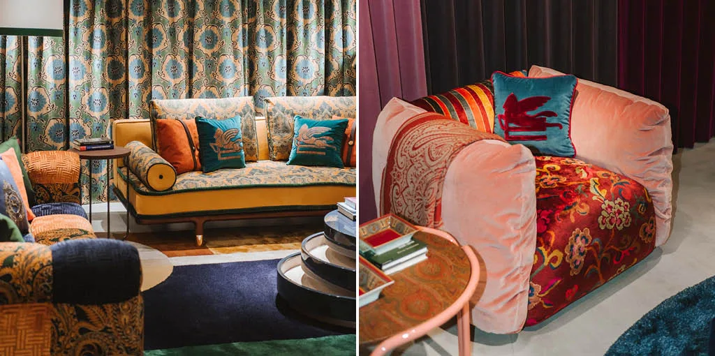 Dettaglio dell’area living dello showroom Etro Home a Ginza
