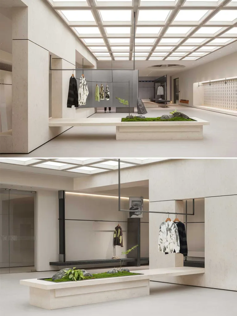 Vista dell’area centrale dello showroom moda a Foshan con illuminazione integrata