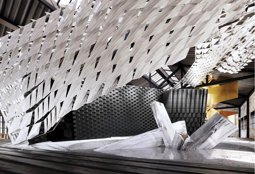 Sculture sospese in pietra e soffitti a specchio nello showroom WOSA