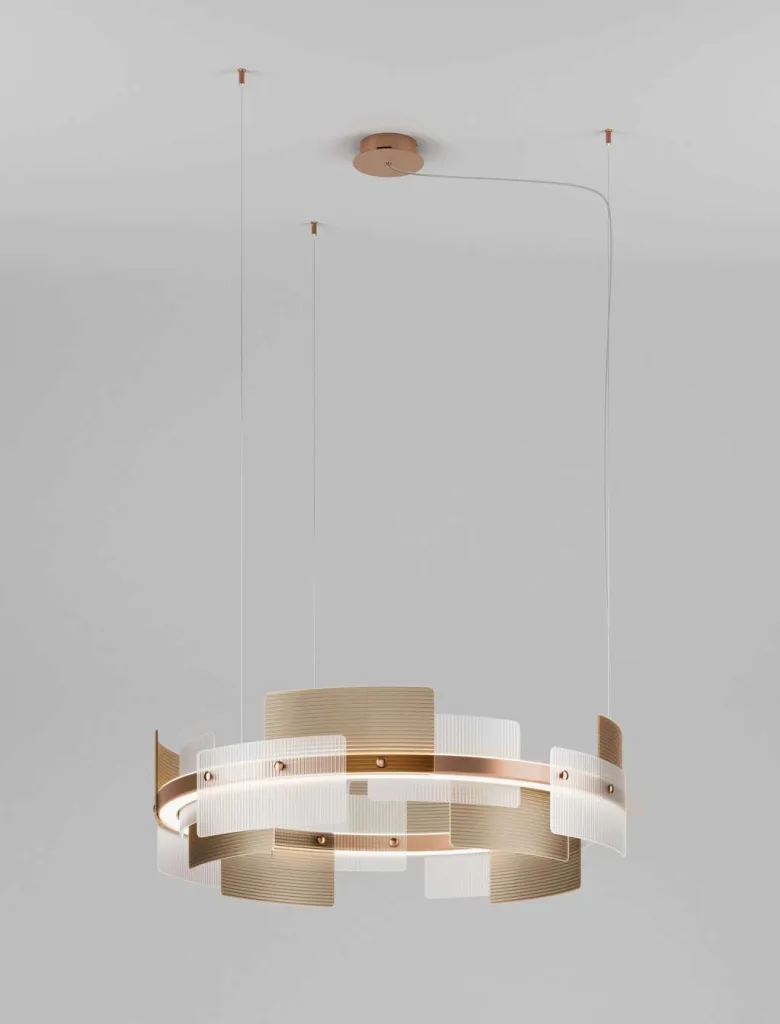 Lampada a sospensione HALO by Italamp in metallo bronzo satinato e vetro micro-rigato.