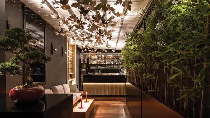 Ingresso di HIO Sushi Lab a Palermo, bar con bonsai, installazione di farfalle sospese e parete in bamboo progettati da Luigi Smecca Architetti.