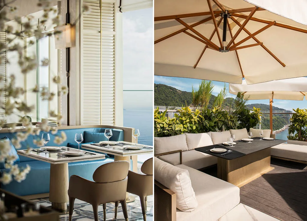 Lounge e terrazza del MGM Shenzhen progettato da CCD, con arredi eleganti, vetrate panoramiche e spazi outdoor affacciati sul mare.