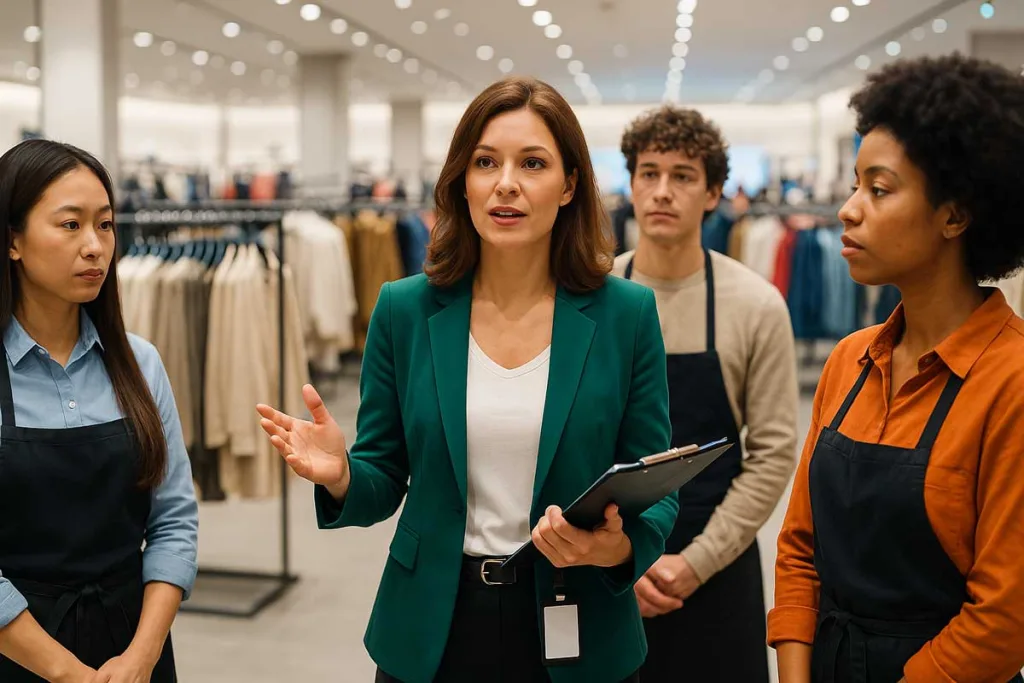 Store manager che guida e motiva il team di vendita in negozio di abbigliamento`