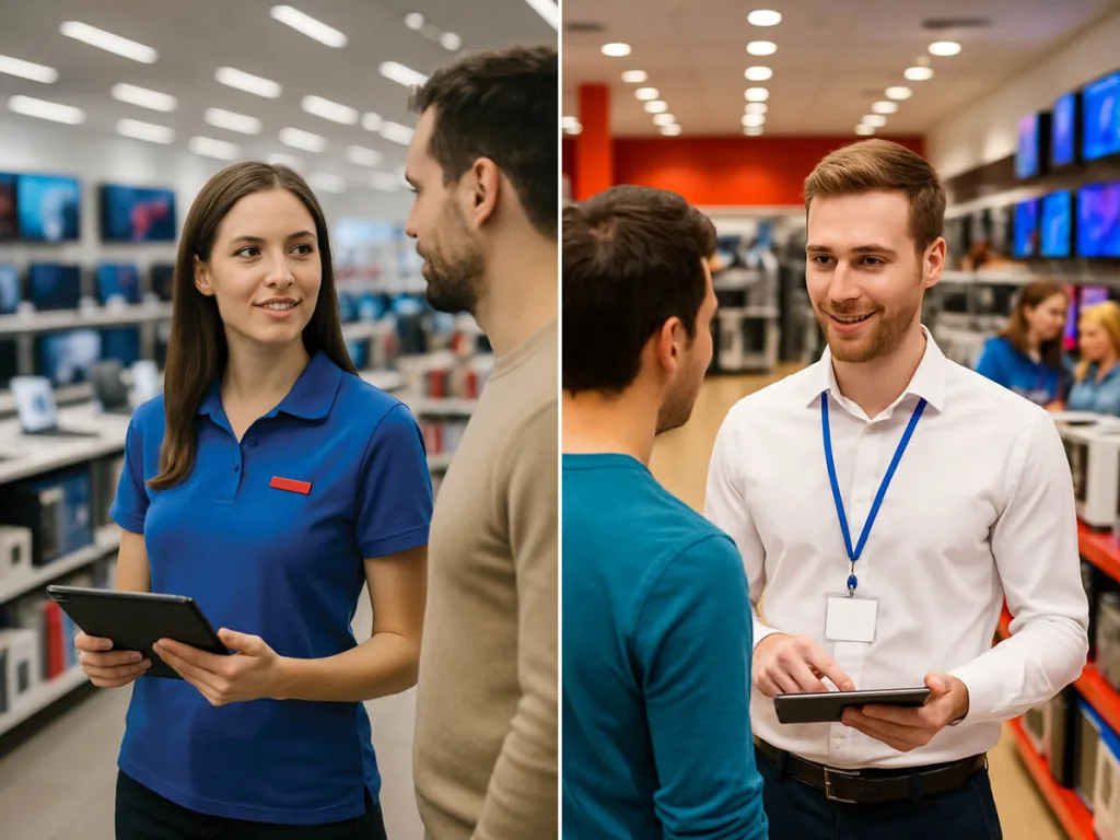 Personale di negozio che assiste i clienti in un punto vendita di elettronica`