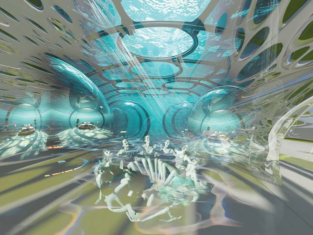 Interno dell’atrio principale del Tsunami Submersible Emergency Hotel con architettura galleggiante e spazi trasparenti sottomarini
