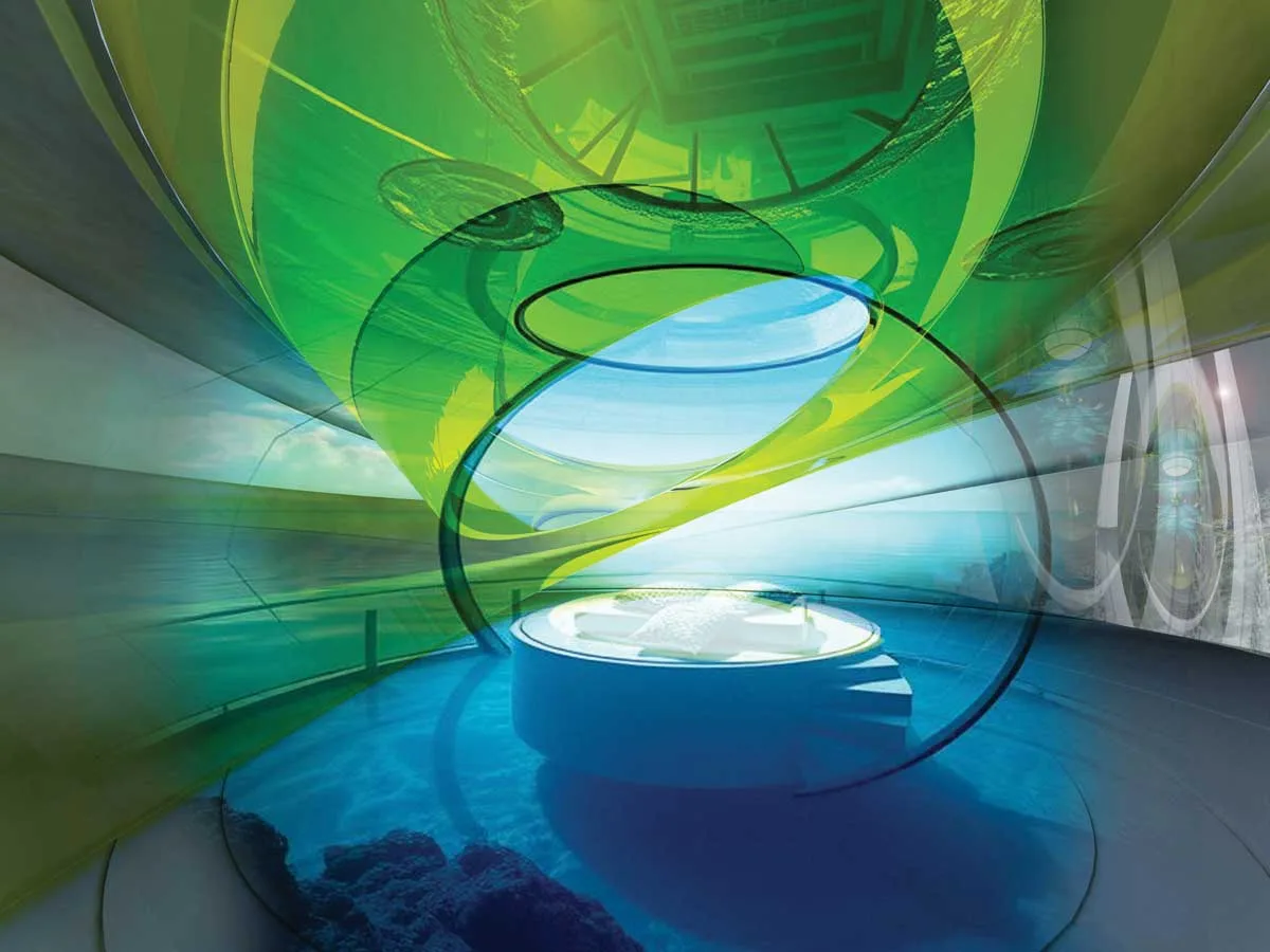 Suite panoramica del Tsunami Submersible Emergency Hotel con design futuristico e architettura galleggiant