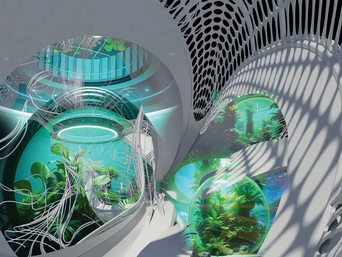 Vivarium interno del Tsunami Submersible Emergency Hotel con giardini verticali e sistemi di autosufficienza ecologica`