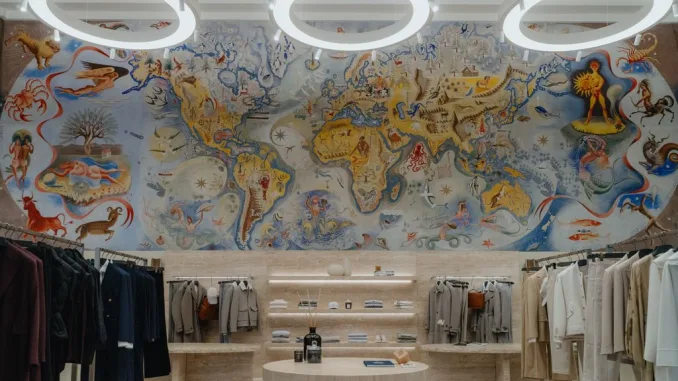 Interno della boutique Eleventy a Lisbona con murale artistico e arredi in travertino