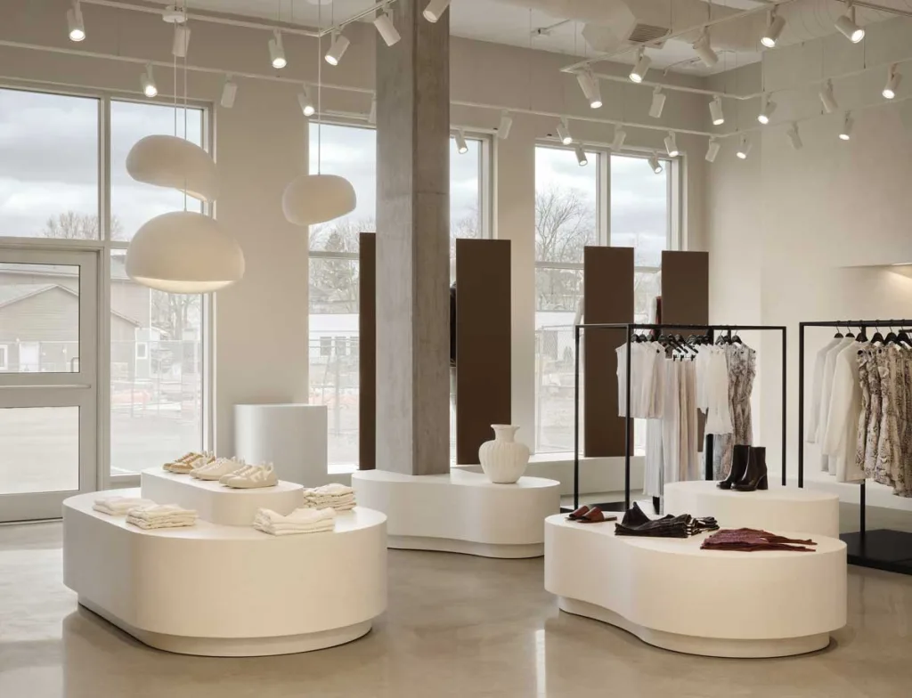 Vetrina interna della Boutique Klozet a Moncton con pedane espositive bianche, abiti chiari e lampade sospese organiche