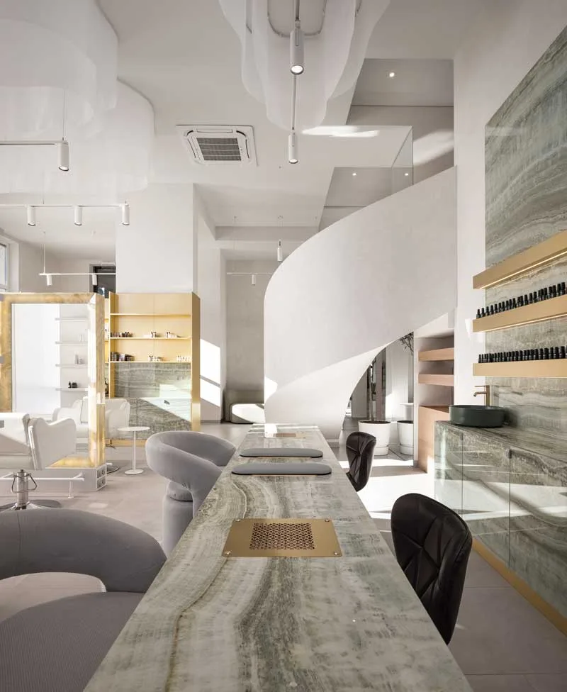detail of the manicure area at By magic Krona salon in Brovary featuring custom-made furnishings designed by Vilchinskaya Design Bureau