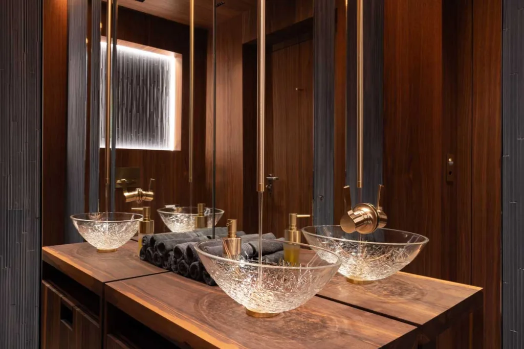 Dornbracht Atelier brushed brass faucet with crystal bowl