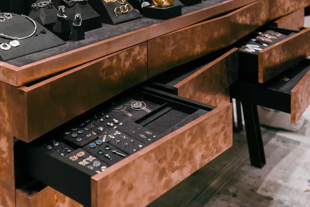 Detail of drawers at the ORSKA jewellery boutique in Katowice