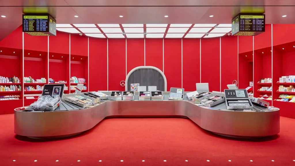 banco espositivo centrale del negozio HARMAY all’aeroporto Hongqiao di Shanghai, ispirato ai nastri trasportatori e progettato da AIM Architecture