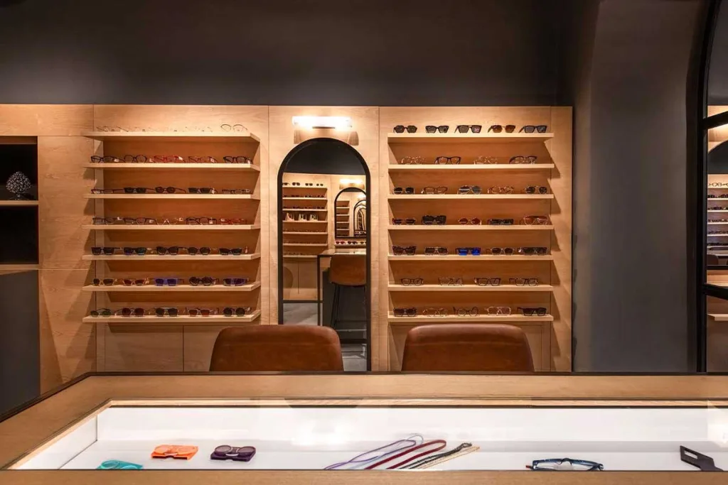 Detail of eyewear display and industrial finishes 