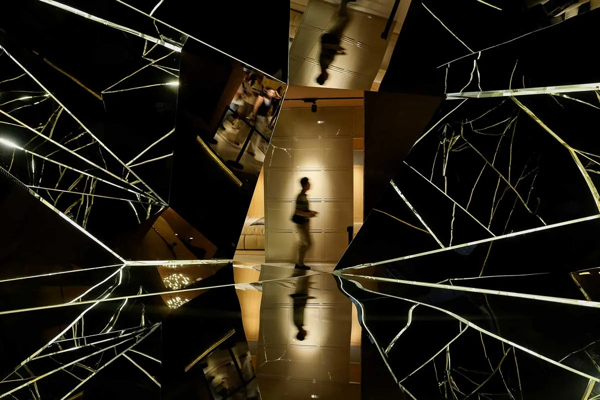 Detail of Ma Yansong’s Moodcraft installation with fragmented mirrored surfaces and immersive reflection effects