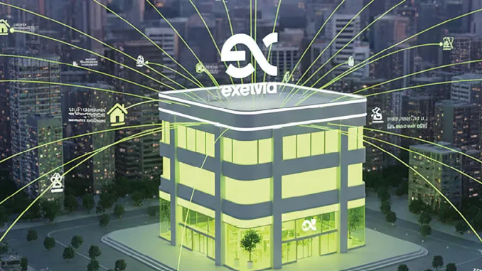 Rendering 3D di un edificio illuminato con elementi grafici digitali e collegamenti luminosi verso la città circostante