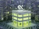 Rendering 3D di un edificio illuminato con elementi grafici digitali e collegamenti luminosi verso la città circostante