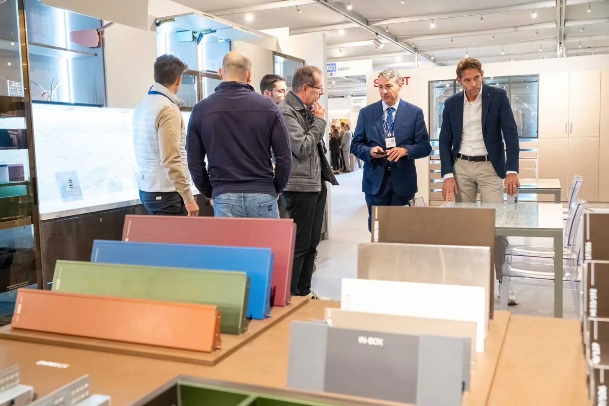 Professionals visiting furniture component stands at SICAM 2025