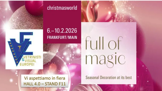 Locandina ufficiale Vetrinisti & Visual Europei per il Christmasworld 2026 di Francoforte – Hall 4.0 Stand F11.
