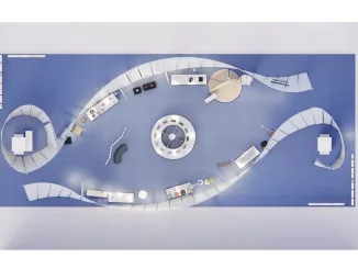 alt text: Top view of the Eye-Opener exhibition layout by Dayuan Design showing the circular spatial path and modular sustainable structure.