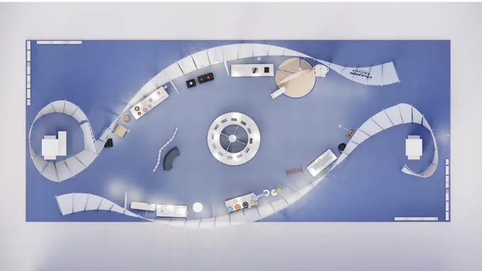 alt text: Top view of the Eye-Opener exhibition layout by Dayuan Design showing the circular spatial path and modular sustainable structure.