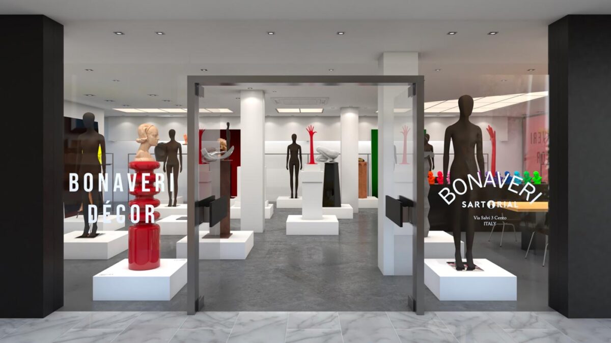 Bonaveri in occasione di EuroShop 2026 a Düsseldorf – interno showroom con allestimento Bonaveri Décor e manichini Sartorial