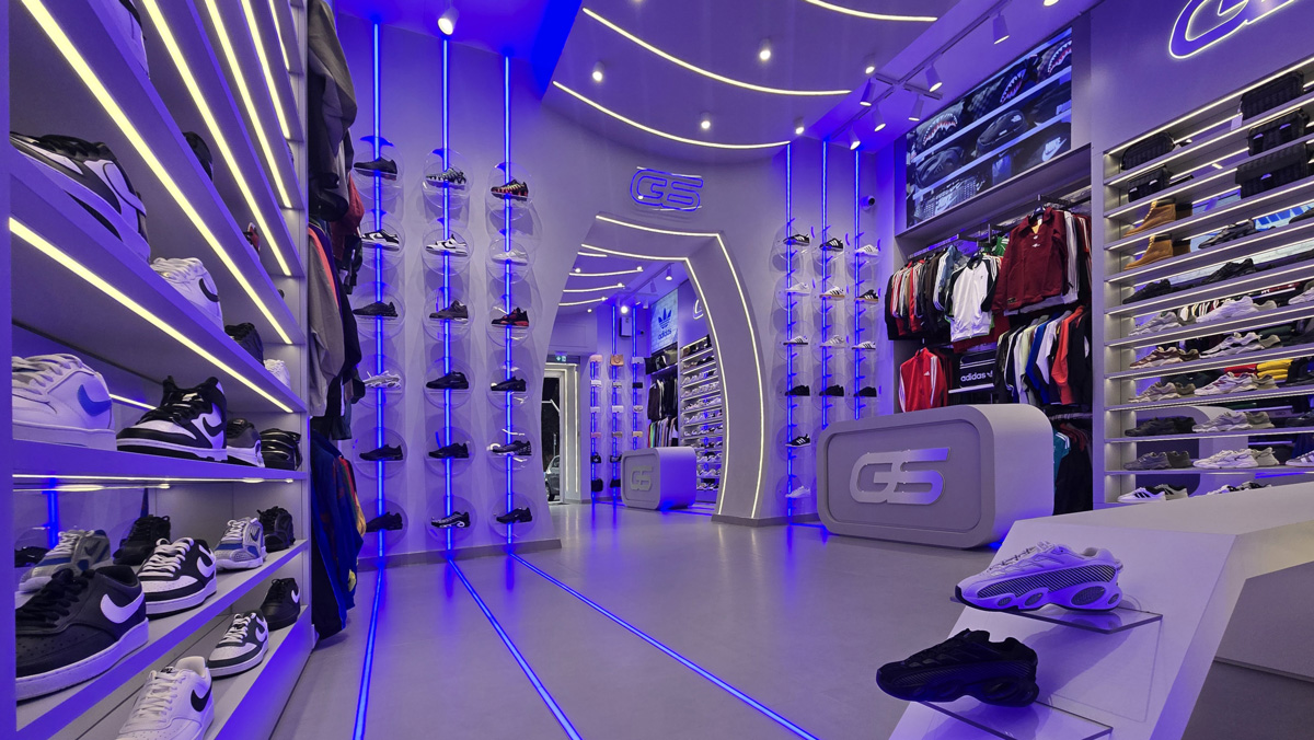Galaxy Store Naples interior with integrated LED lighting and sneaker display walls