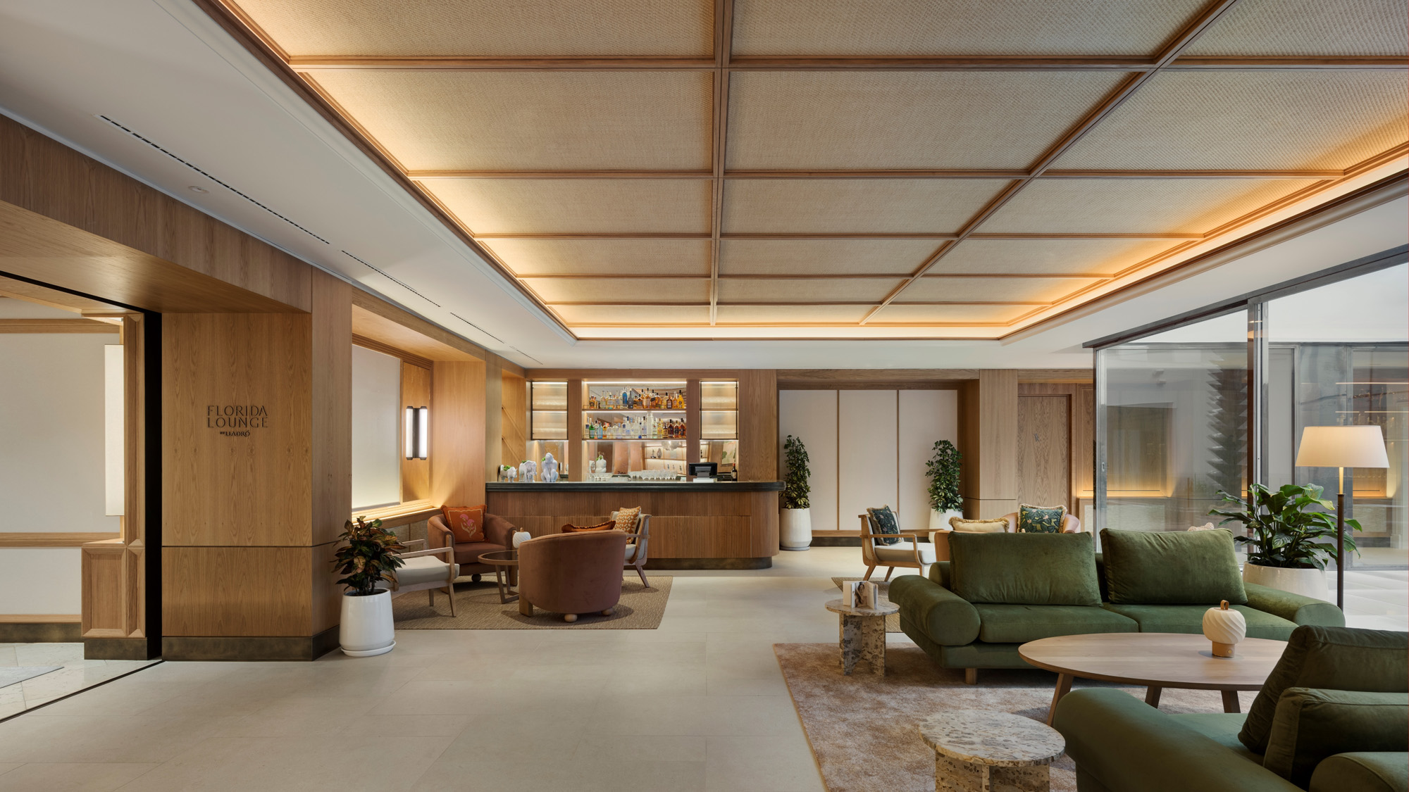 Florida Lounge at METT Barcelona with colourful seating and view over the internal courtyard