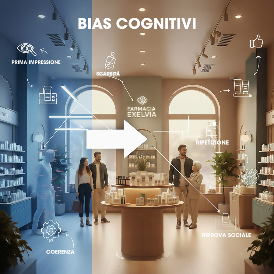 Pharmacy neurodesign: cognitive biases such as first impression, scarcity, repetition and social proof influence customer decisions in the retail environment.