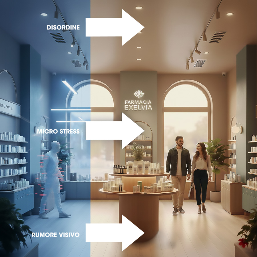 Neurodesign applied to pharmacy design: comparison between a cluttered environment with visual noise and a retail space designed for a more relaxing customer experience.