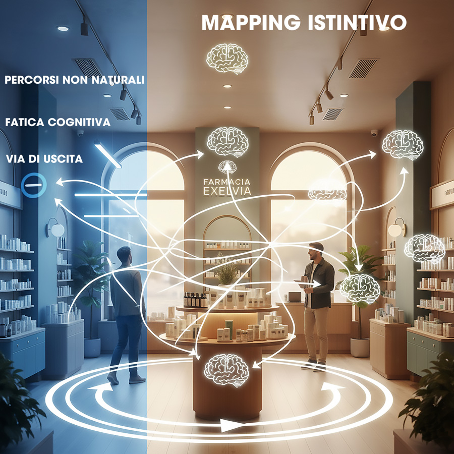 Pharmacy neurodesign: comparison between a confusing layout with unnatural paths and a space designed with intuitive mapping that helps customer orientation.