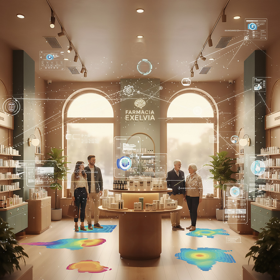 Adaptive neurodesign in pharmacy retail: customer flow analysis using heatmaps and behavioral data to optimize layout and spatial experience.