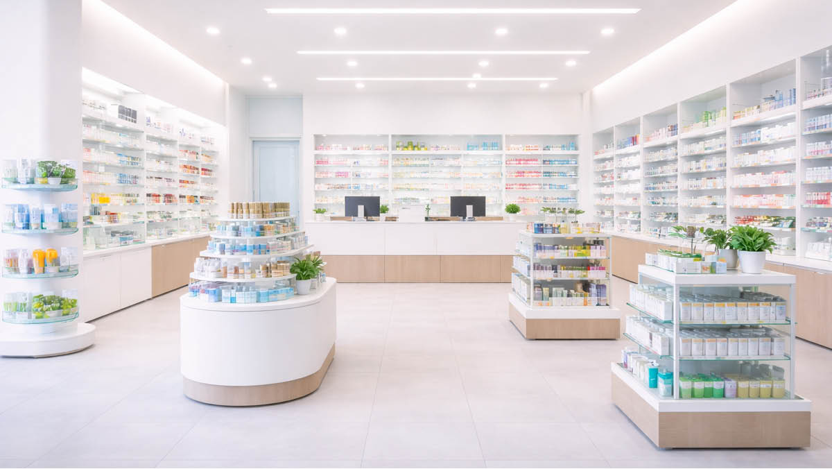 progettazione farmacia layout con isole espositive centrali e percorso cliente organizzato