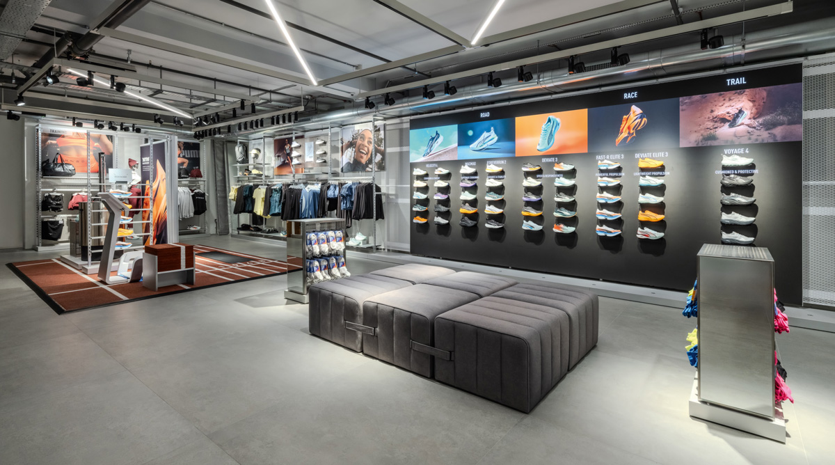 Running footwear display wall inside the PUMA flagship store in London