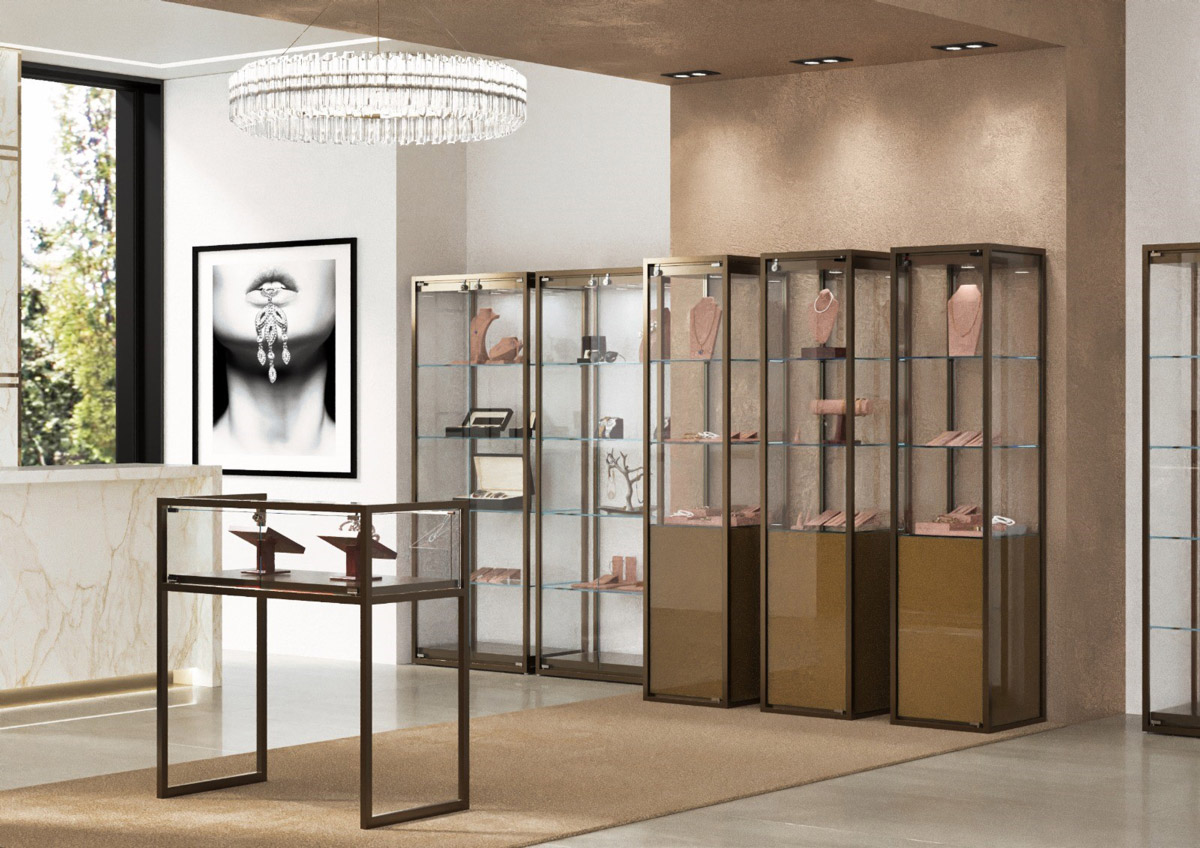 TMETAL modular display cases by Italvetrine in retail environment for jewelry display