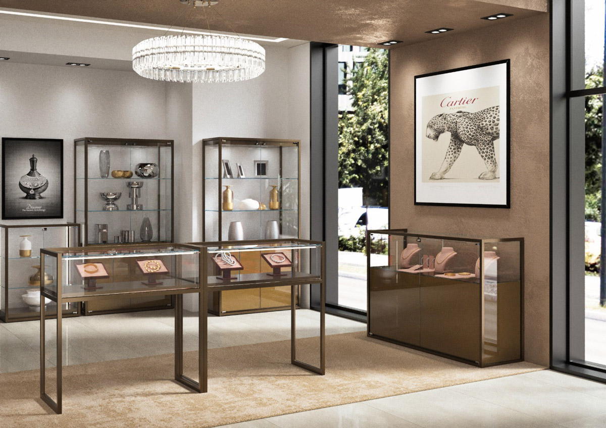 TMETAL display cases by Italvetrine in retail environment for jewelry display