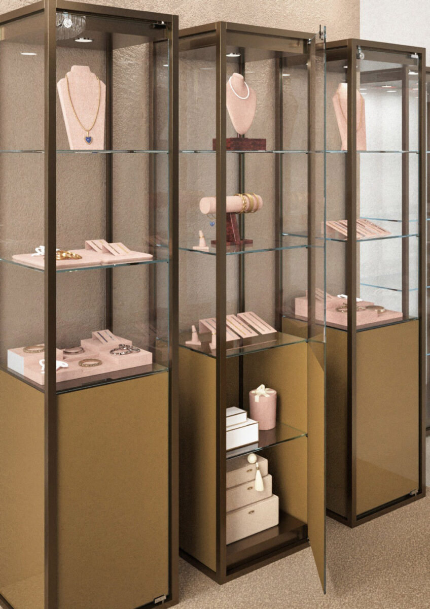 TMETAL display cases by Italvetrine with metal structure and glass shelves for jewelry display
