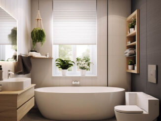 bagno moderno con vasca freestanding davanti a finestra con luce naturale e piante sul davanzale