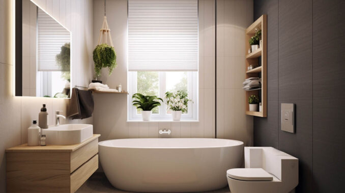 bagno moderno con vasca freestanding davanti a finestra con luce naturale e piante sul davanzale