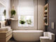 bagno moderno con vasca freestanding davanti a finestra con luce naturale e piante sul davanzale