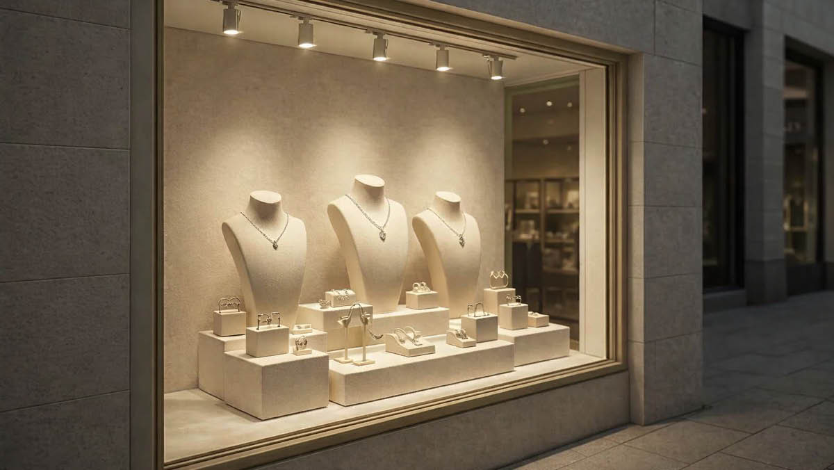 vetrina gioielleria con illuminazione retail a luce d’accento su esposizione di gioielli