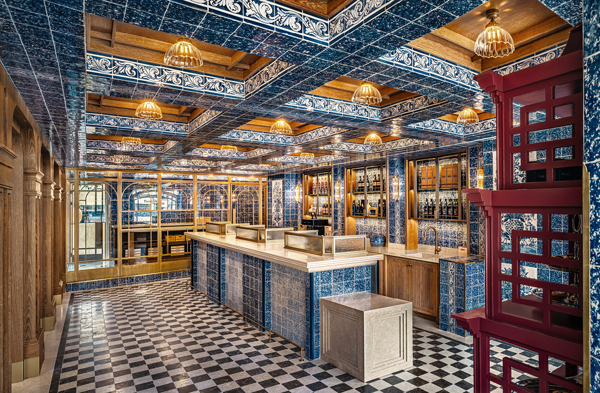Detail of custom furniture and material surfaces in the Pastéis de Belém project in Lisbon