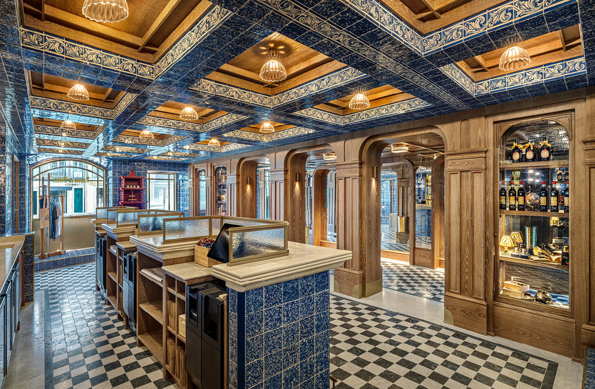 Food retail space of Pastéis de Belém with material palette and contemporary language in Lisbon