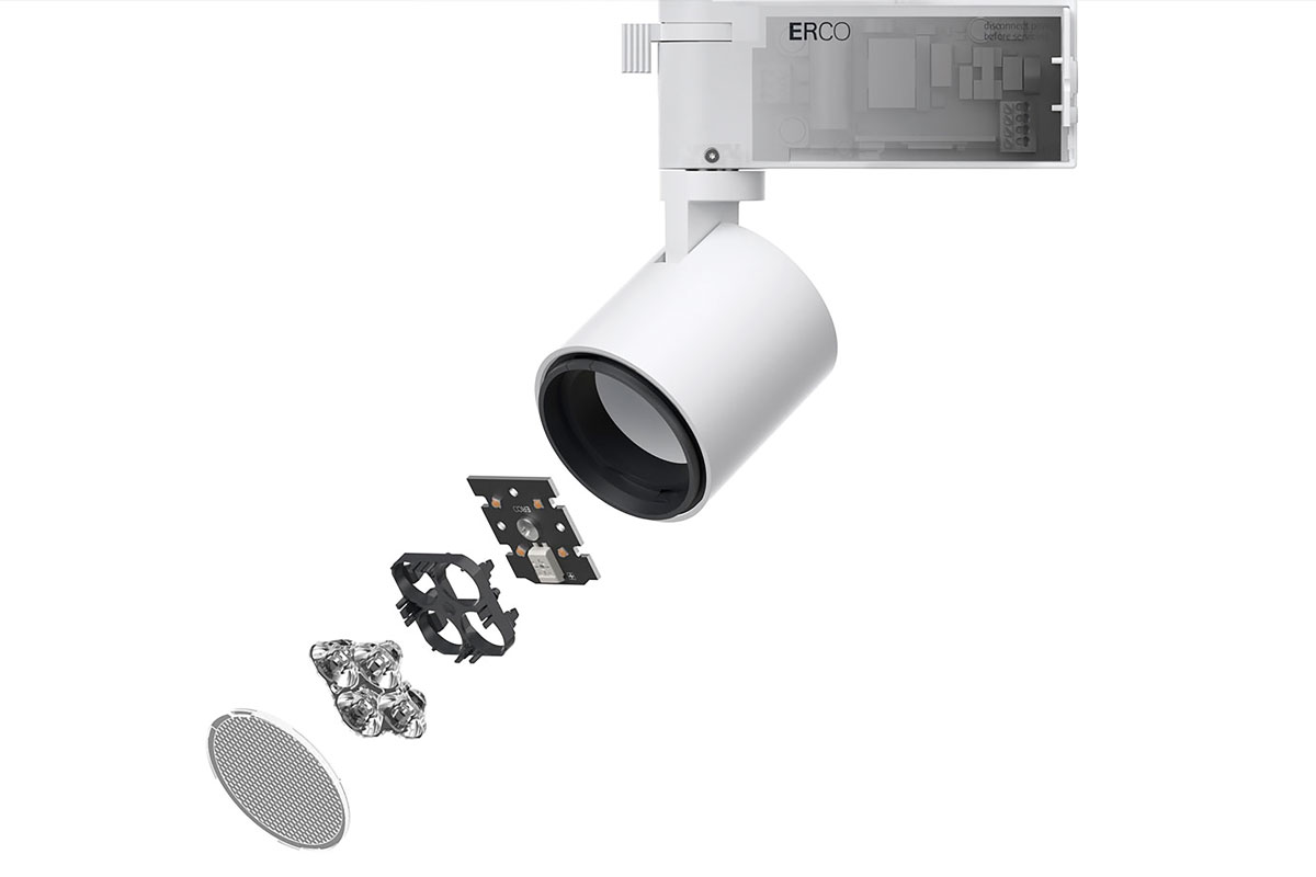 Pollux New ERCO spotlight with exploded internal components and optical system for accent lighting on track