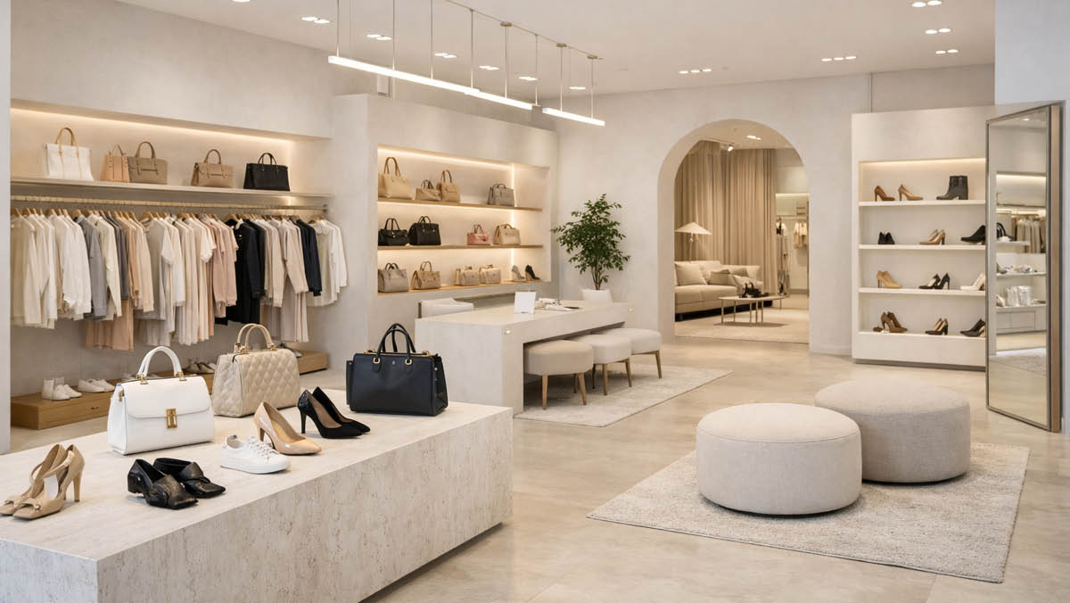 Progettazione di un negozio moda con esposizione di abbigliamento, calzature e accessori